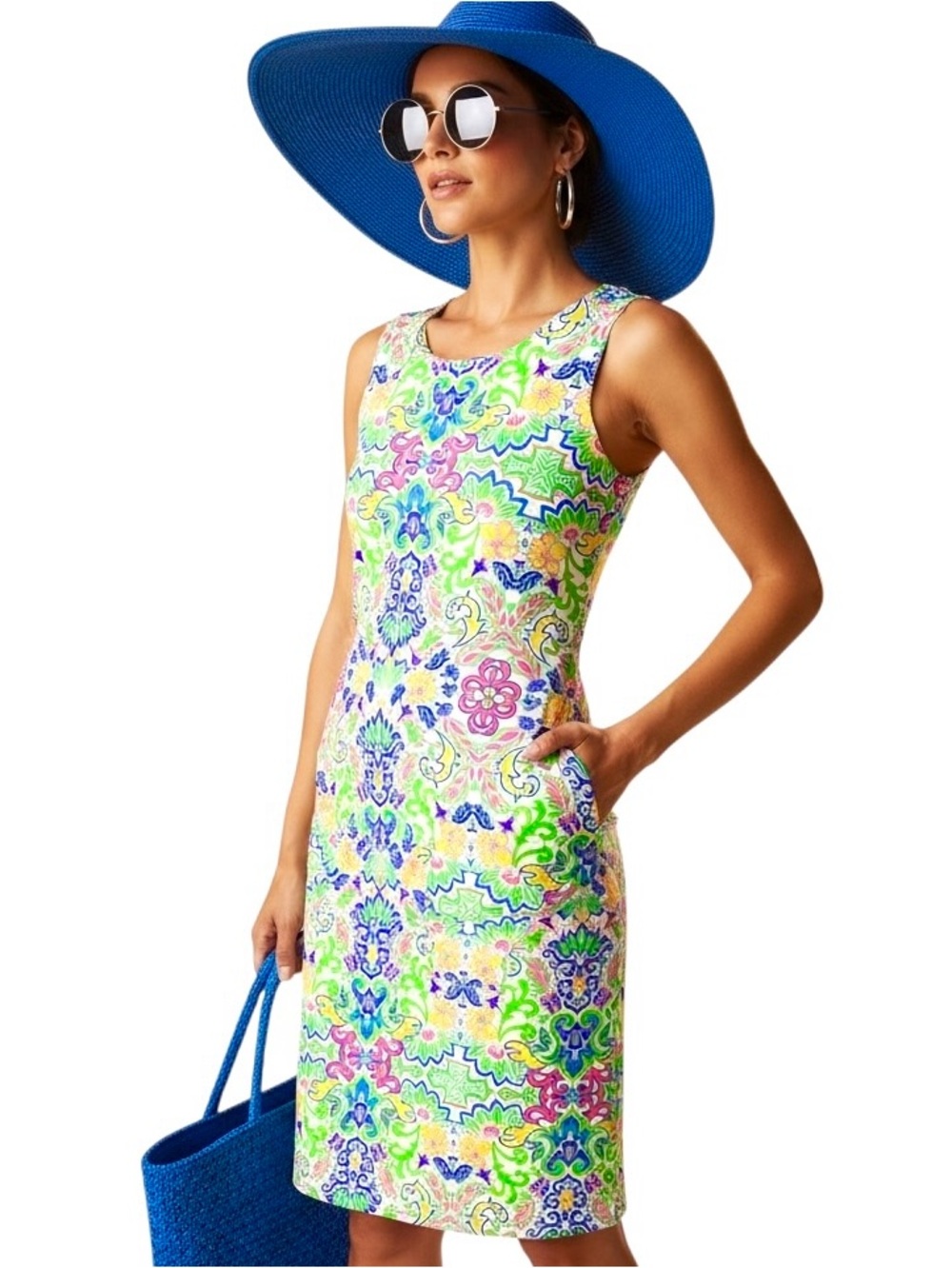 Sunsets & Sweet Tea Dress Sz PXL Vibrant Floral Print Pull On Pockets Sleeveless